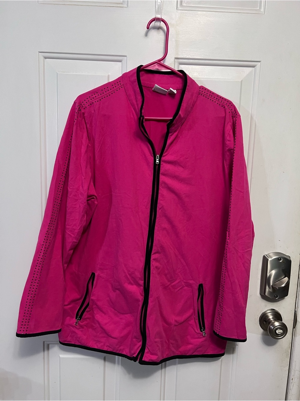 Weekends by Chico’s Women’s 3 XL Pink Full Zip Jacket Black Studded Trim Cotton